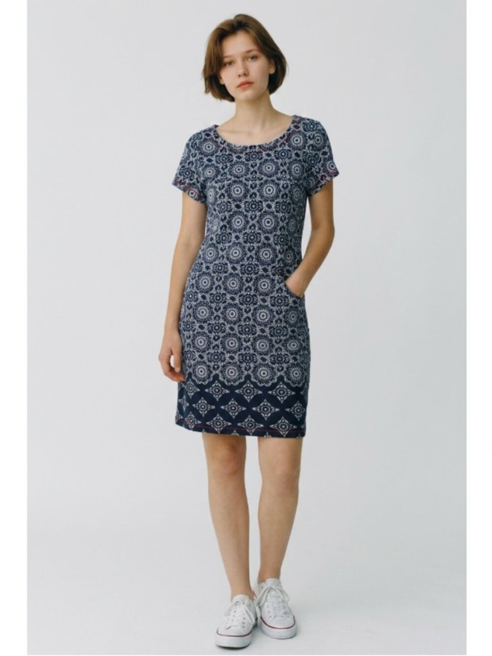 Hatley Navy Blue Geometric Print Short Sleeve Shift Midi Dress - Sz-MD